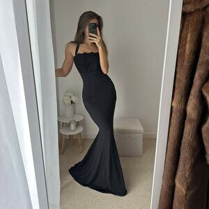 Black Evening Maxi Dress with Lace & Open Back – XS/S